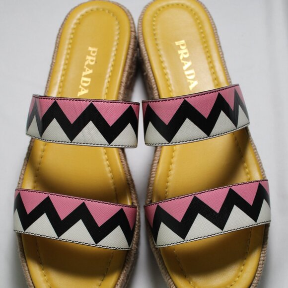 PRADA Zig Zag Espadrille Slip Ons Slide Mini Wedge Sandals 38.5 - Picture 4 of 8